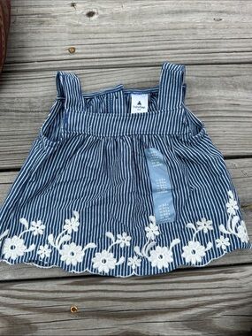 GAP Blue and White Striped Baby Tank Top with Floral Embroidery